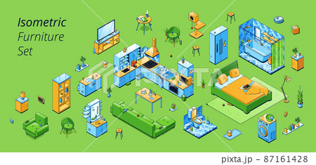 Isometric furniture set nightstand, lamp and bed Isometric furniture set nightstand, lamp and bed 87161428