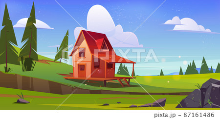 Wooden small house on hill with green grass 87161486