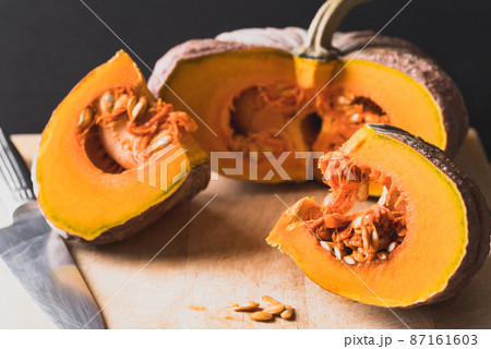 Asian pumpkin on cutting wooden board, Food ingredients 87161603