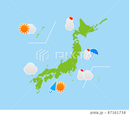 日本地図と全国規模の冬の天気予報図のイラスト素材