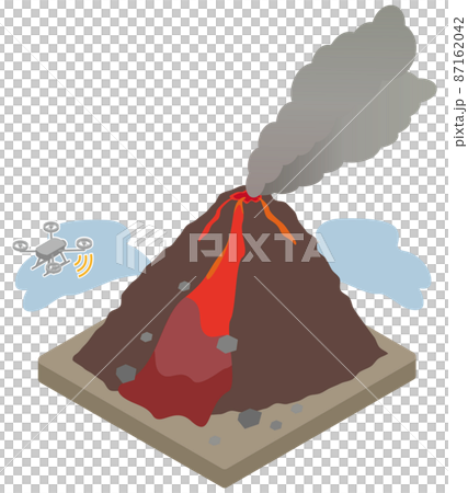 噴火している火山の調査を行うドローンのアイソメイラストのイラスト素材