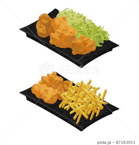 イラスト素材：美味しいおかずの皿　揚げ物セット 87163051