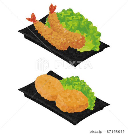 イラスト素材：美味しいおかずの皿　揚げ物セット 87163055