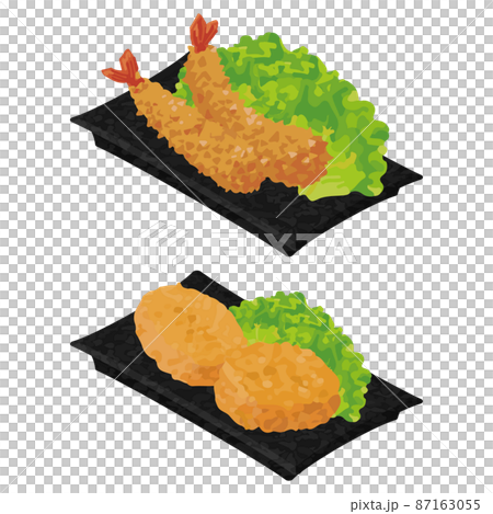 イラスト素材：美味しいおかずの皿　揚げ物セット 87163055