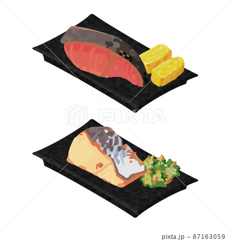 イラスト素材:美味しいおかずの皿 焼き魚セット イラスト素材:美味しいおかずの皿 焼き魚セット 87163059