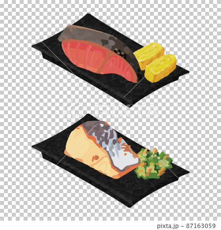 イラスト素材:美味しいおかずの皿 焼き魚セット イラスト素材:美味しいおかずの皿 焼き魚セット 87163059