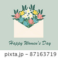Happy Women's Day greeting card with an envelope with flowers on a light green background. vector 87163719