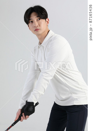 golf sports player, asian korean man with golf club in studio 87165436