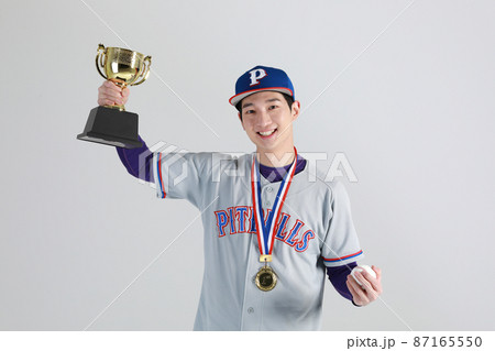 baseball sports player, asian korean man with trophy baseball sports player, asian korean man with trophy 87165550