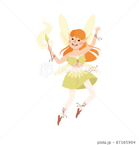 Cute Girl Fairy Flying with Wings Holding Magic Wand Vector Illustration 87165904