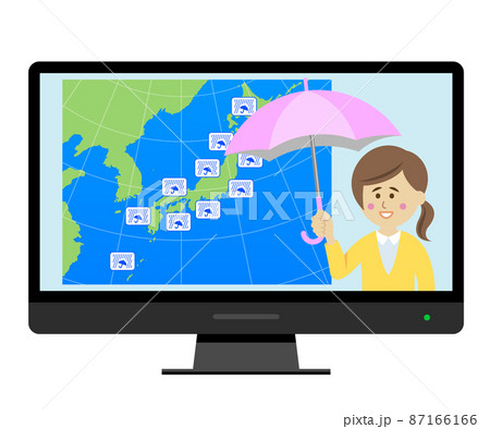 テレビで大雨の天気予報をチェックするイラストイメージ 87166166