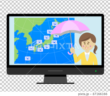 テレビで大雨の天気予報をチェックするイラストイメージ 87166166