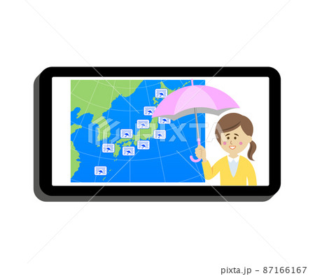 スマホで大雨の天気予報をチェックするイラストイメージ 87166167
