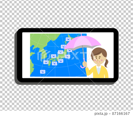 スマホで大雨の天気予報をチェックするイラストイメージ 87166167