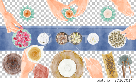 Chinese tea party tools hand drawn watercolor style illustration 87167014