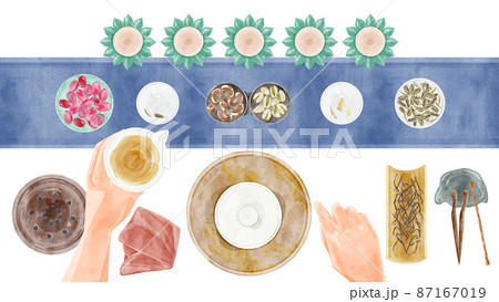 中国のお茶会道具手描き水彩風イラストのイラスト素材