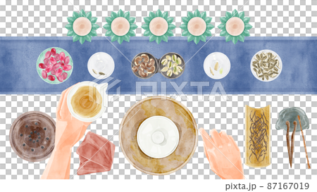 Chinese tea party tools hand drawn watercolor style illustration 87167019