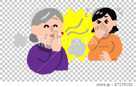 タバコを吸うシニア女性と煙たがる妊婦(手描きカラー) タバコを吸うシニア女性と煙たがる妊婦(手描きカラー) 87170182