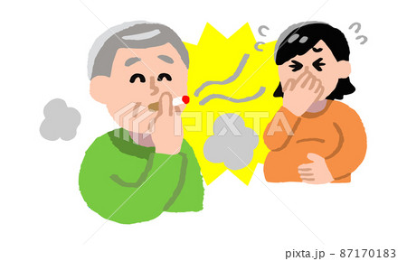 タバコを吸うシニア男性と嫌がる妊婦（手描きカラー） 87170183