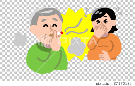 タバコを吸うシニア男性と嫌がる妊婦（手描きカラー） 87170183