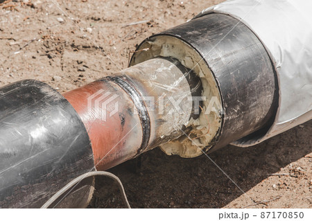 Slag after welding industry work the polyethylene water supply main heating pipe on construction site 87170850