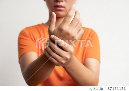 Woman hand with numbness and pain in the palm of the hand has pain and tingling in the nerve endings. which is a side effect of Guillain-Barre Syndrome after vaccination against COVID-19 87171121