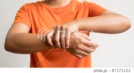 woman hand with numbness and pain in the wrist has pain and tingling in the nerve endings. which is a side effect of Guillain-Barre Syndrome after vaccination against COVID-19 87171122
