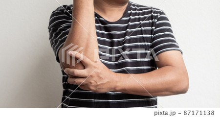 Man hand with numbness and pain in the elbow feels sore and tingling due to numbness in the nerve endings, a side effect of Guillain-Barre Syndrome after vaccination against COVID-19 87171138