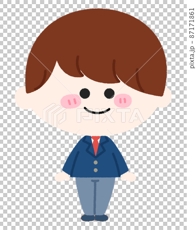 一個穿著制服的可愛男孩帶著微笑的插圖。帶褲子的版本。 一個穿著制服的可愛男孩帶著微笑的插圖。帶褲子的版本。 87171861