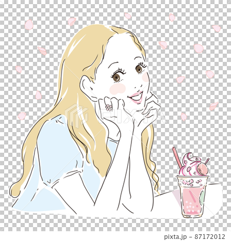 桜の季節にカフェでくつろぐ美しい女性 87172012