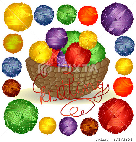 Basket with multi-colored tangles in a square Frame of multi-colored balls of wool. Basket with multi-colored tangles in a square Frame of multi-colored balls of wool. 87173351