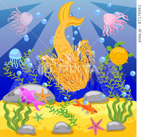 background with an underwater world in a children's style. A mermaid in the sea. Wooden chest with gold on the bottom of the sea. Seabed in a cartoon style. background with an underwater world in a children's style. A mermaid in the sea. Wooden chest with gold on the bottom of the sea. Seabed in a cartoon style. 87176061