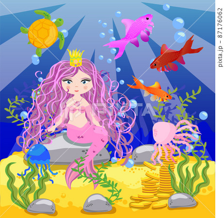 background with an underwater world in a children's style. A mermaid is sitting on a rock. Wooden chest with gold on the bottom of the sea. Seabed in a cartoon style. 87176062