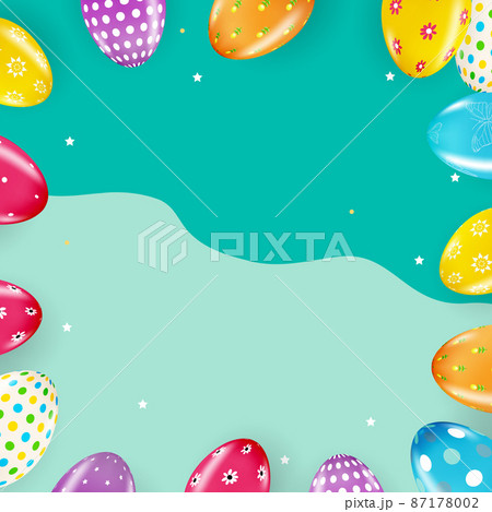 Easter poster template with 3d realistic Easter eggs. Template for advertising, poster, flyer, greeting card. Vector Illustration Easter poster template with 3d realistic Easter eggs. Template for advertising, poster, flyer, greeting card. Vector Illustration 87178002