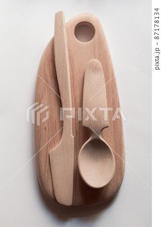 Handmade Wooden Spoons for hiking and outdoor activities. Craftsmanship and artisan concept 87178134