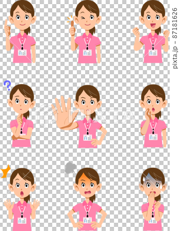 身穿粉色短袖polo衫並佩戴名牌的女工作人員上身9種不同姿勢和表情1 身穿粉色短袖polo衫並佩戴名牌的女工作人員上身9種不同姿勢和表情1 87181626