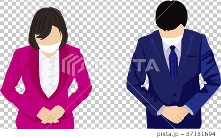 お辞儀 スーツの男女 白マスク着用 87181694