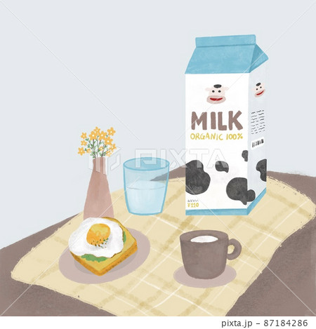 朝食食卓イメージ　イラスト　牛乳とパン 87184286