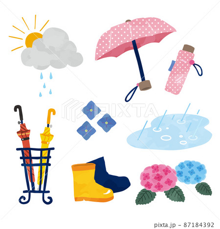 手描き風のごきげんな雨上がりイラスト　折畳み傘・線なし 87184392