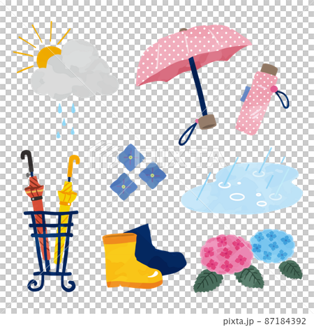 手描き風のごきげんな雨上がりイラスト　折畳み傘・線なし 87184392