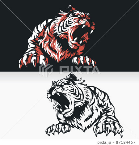 Silhouette Tiger Roaring Front View Stencil Isolated Vector Drawing Silhouette Tiger Roaring Front View Stencil Isolated Vector Drawing 87184457