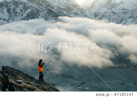 Fire on Everest. Everest mountain on sunrise, view from Gokyo Ri peak. Himalayas, Nepal 87185147