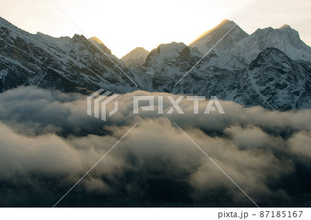 Fire on Everest. Everest mountain on sunrise, view from Gokyo Ri peak. Himalayas, Nepal 87185167