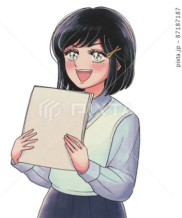 紙の束を持って目を輝かせる少女漫画調の女の子のイラスト素材