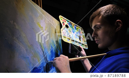 Artist copyist paint seascape with ship in ocean. Craftsman decorator draw as boat sail on blue sea. In hand of cellphone tablet computer pc. Artist copyist paint seascape with ship in ocean. Craftsman decorator draw as boat sail on blue sea. In hand of cellphone tablet computer pc. 87189788