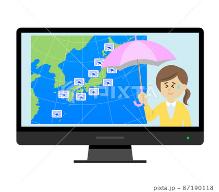 テレビで大雨の天気予報をチェックするイラストイメージ テレビで大雨の天気予報をチェックするイラストイメージ 87190118