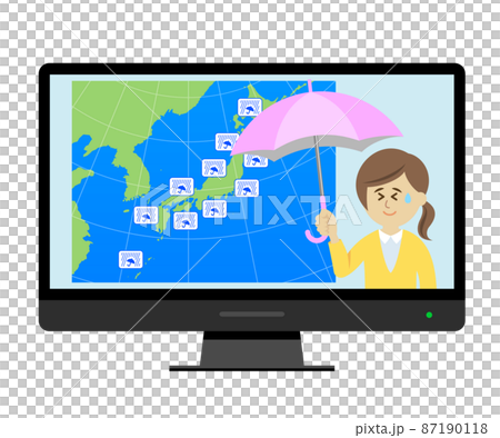 テレビで大雨の天気予報をチェックするイラストイメージ テレビで大雨の天気予報をチェックするイラストイメージ 87190118