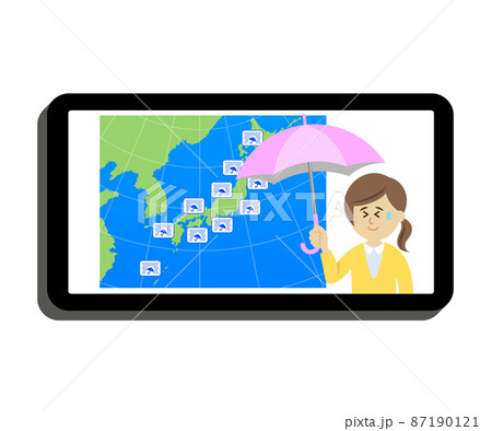 スマホで大雨の天気予報をチェックするイラストイメージ 87190121