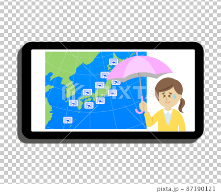 スマホで大雨の天気予報をチェックするイラストイメージ 87190121