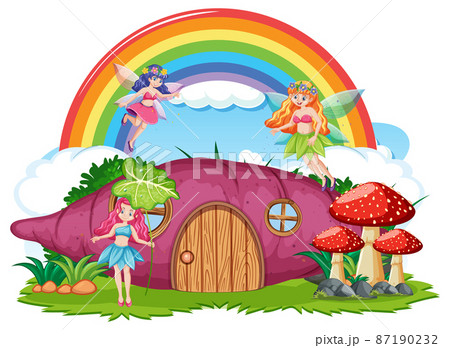 Fantasy potato house with rainbow in the sky Fantasy potato house with rainbow in the sky 87190232